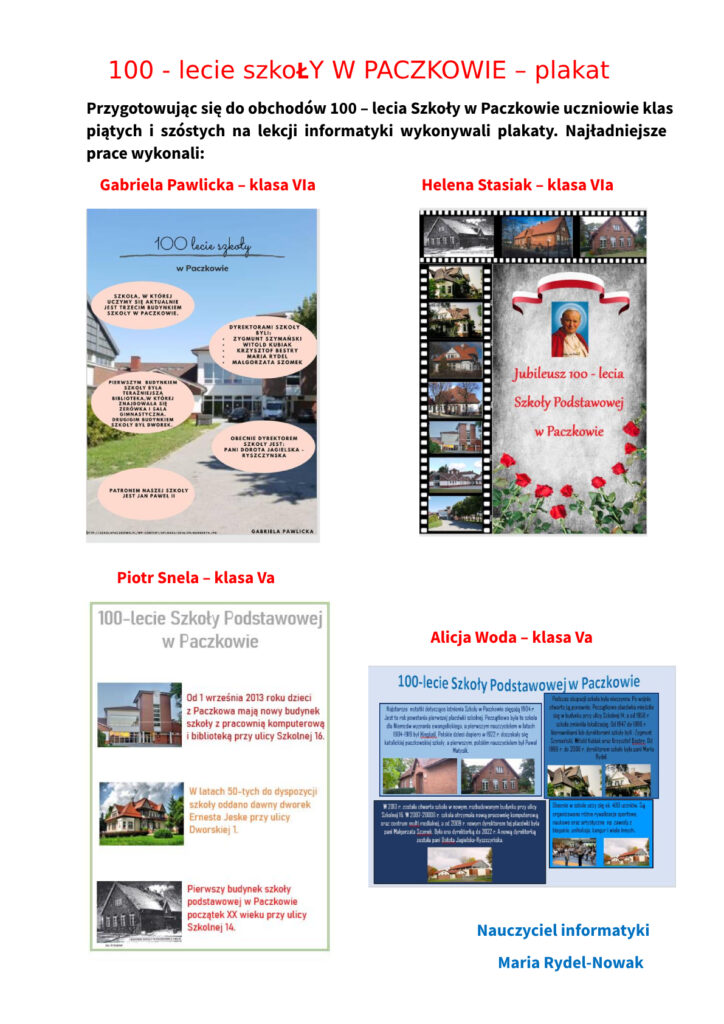 100 – lecie Szkoły w Paczkowie – Plakat