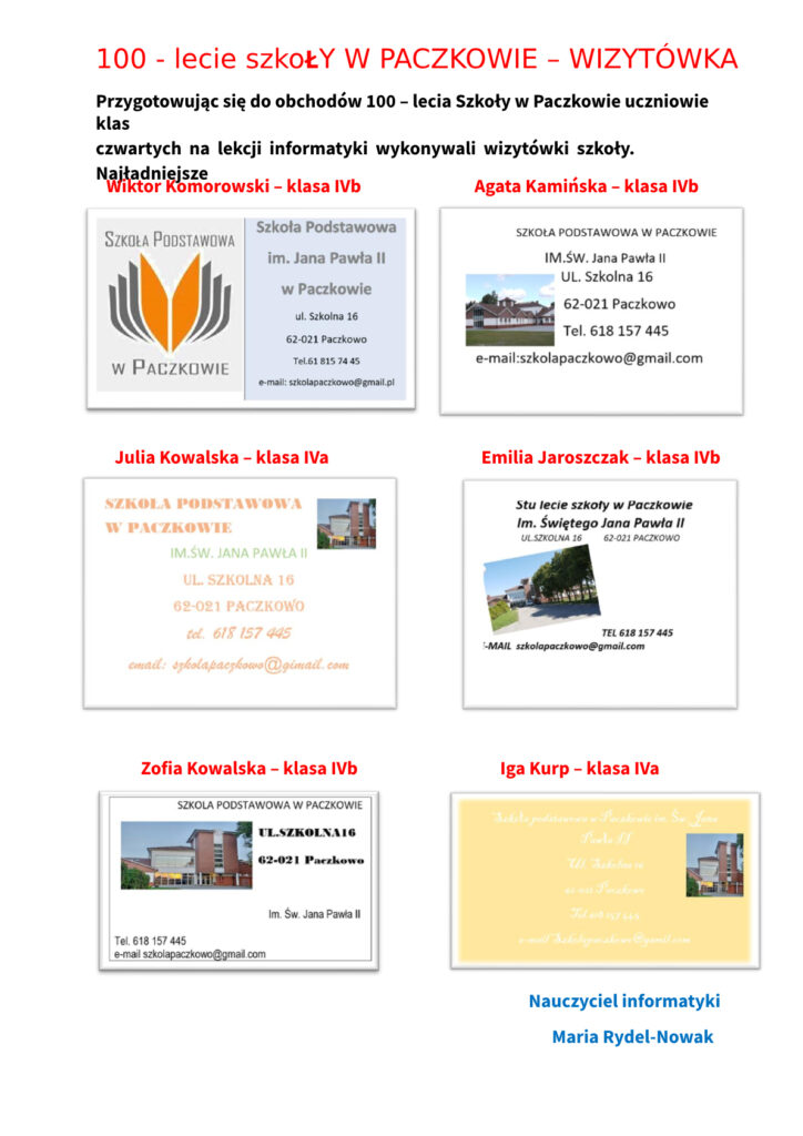 100 – lecie Szkoły w Paczkowie – Wizytówka
