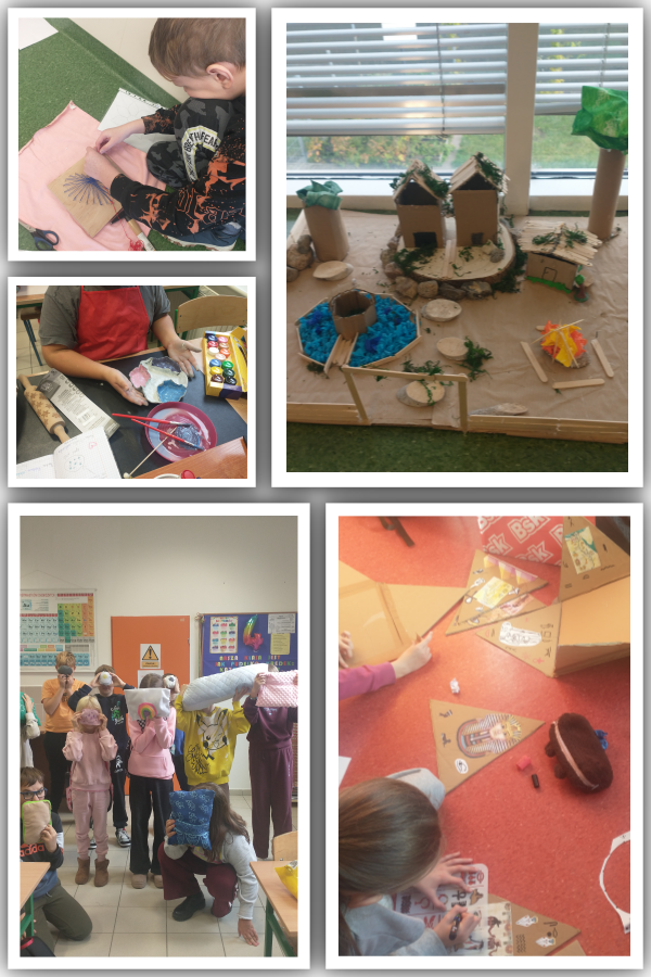 Dzieci wykonujące prace plastyczne i makiety z kartonu, drewna i materiałów kreatywnych, prezentujące rysunki, kolorowanie, budowanie modeli oraz uszyte poduszki.