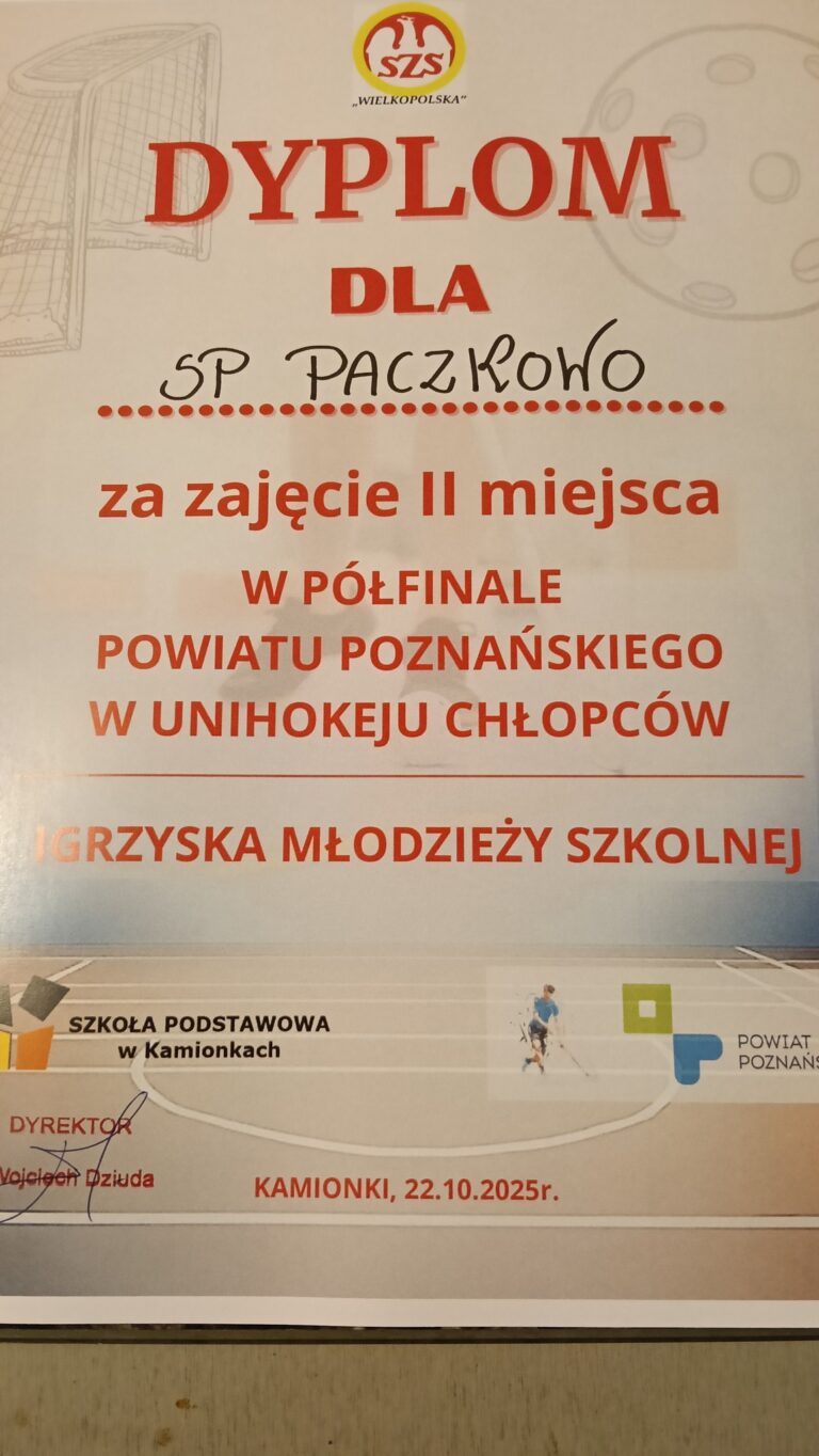 dypim za zajęcie II miejsca w półfinale powiatu poznańskiego w unihokeju chłopców