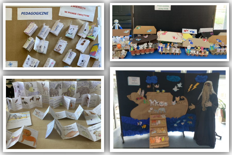 Prace uczniów przedstawiające zwierzęta z Pisma Świętego — kartonowe i papierowe modele, rysunki oraz makiety, w tym sceny związane z Arką Noego, zaprezentowane na tablicach i stołach jako szkolna wystawa.