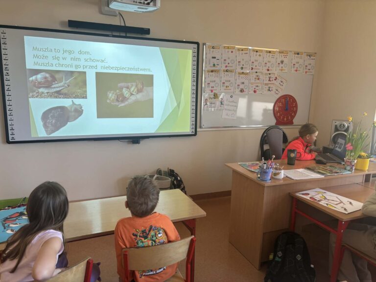 Sala lekcyjna z tablicą multimedialną, na której wyświetlona jest prezentacja o ślimakach; dzieci siedzą przy stolikach, a jedno z nich pracuje przy biurku nauczyciela.